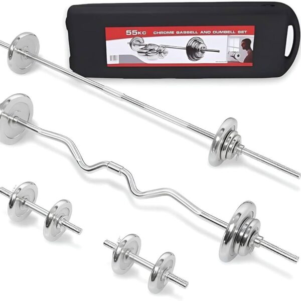 55kg adjustable chrome dumbbell with barbell and ez rod