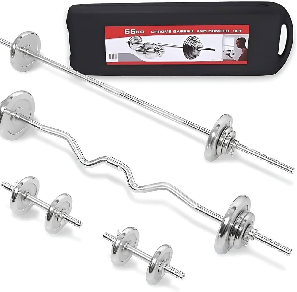 55kg adjustable chrome dumbbell with barbell and ez rod