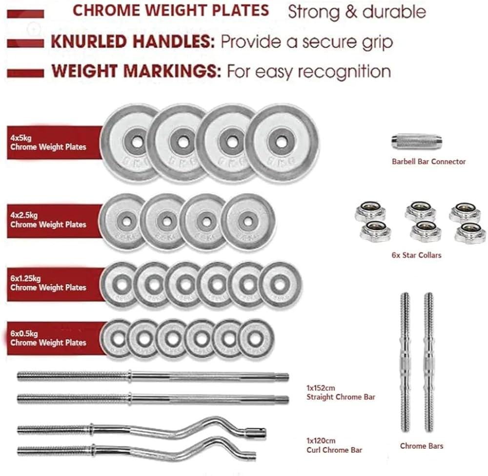 55kg adjustable chrome dumbbell with barbell and ez rod - Image 3