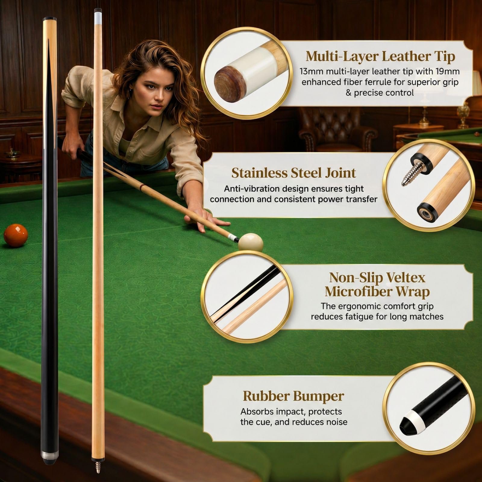 Wooden Cue Stick with Reinforced Grip Combo - Image 12